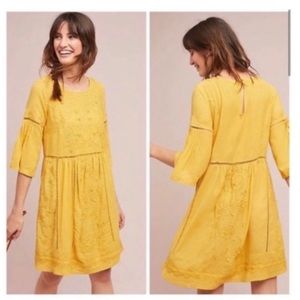 Anthropologie mustard yellow embroidered dress